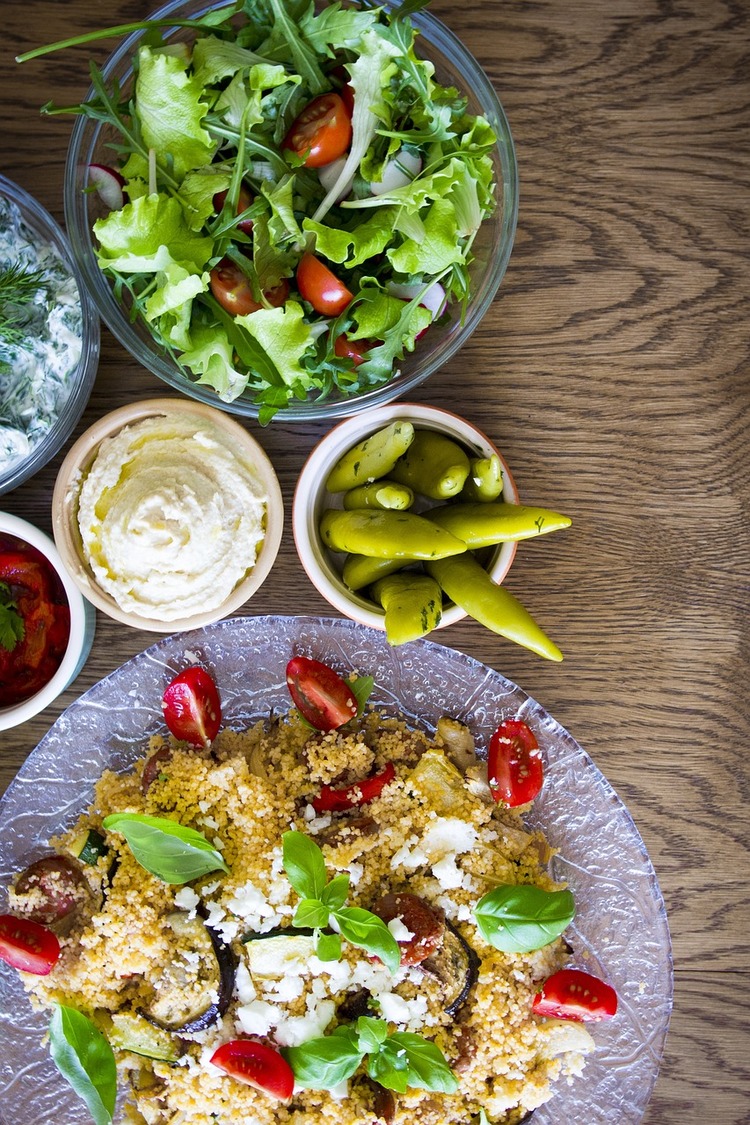 Mediterranean Couscous Salad with Eggplant, Cherry Tomatoes and Pickled Peppers